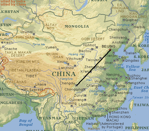Примерный маршрут перелета Пекин - Ченду.
